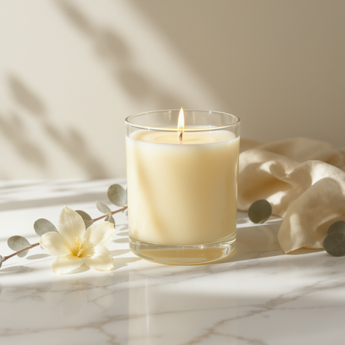 Amber Vanilla Pear Soy Candle on marble with eucalyptus
