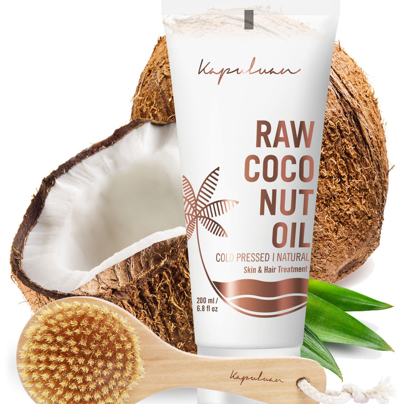 Kapuluan Bundle: Raw Coconut Oil 200ml Tube for Skin and Vegan Dry Brushing Body Brush for Flawless Skin Cellulite Treatment Lymphatic Drainage and Blood Circulation Improvement